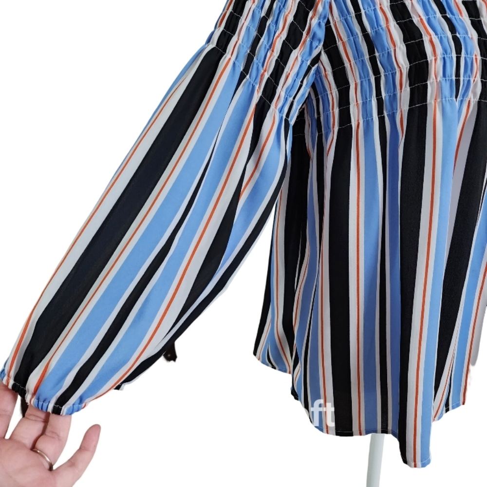 A.N.A Blue Black Orange White Striped Peasant Top with Peasant Sleeves - Picture 4 of 7